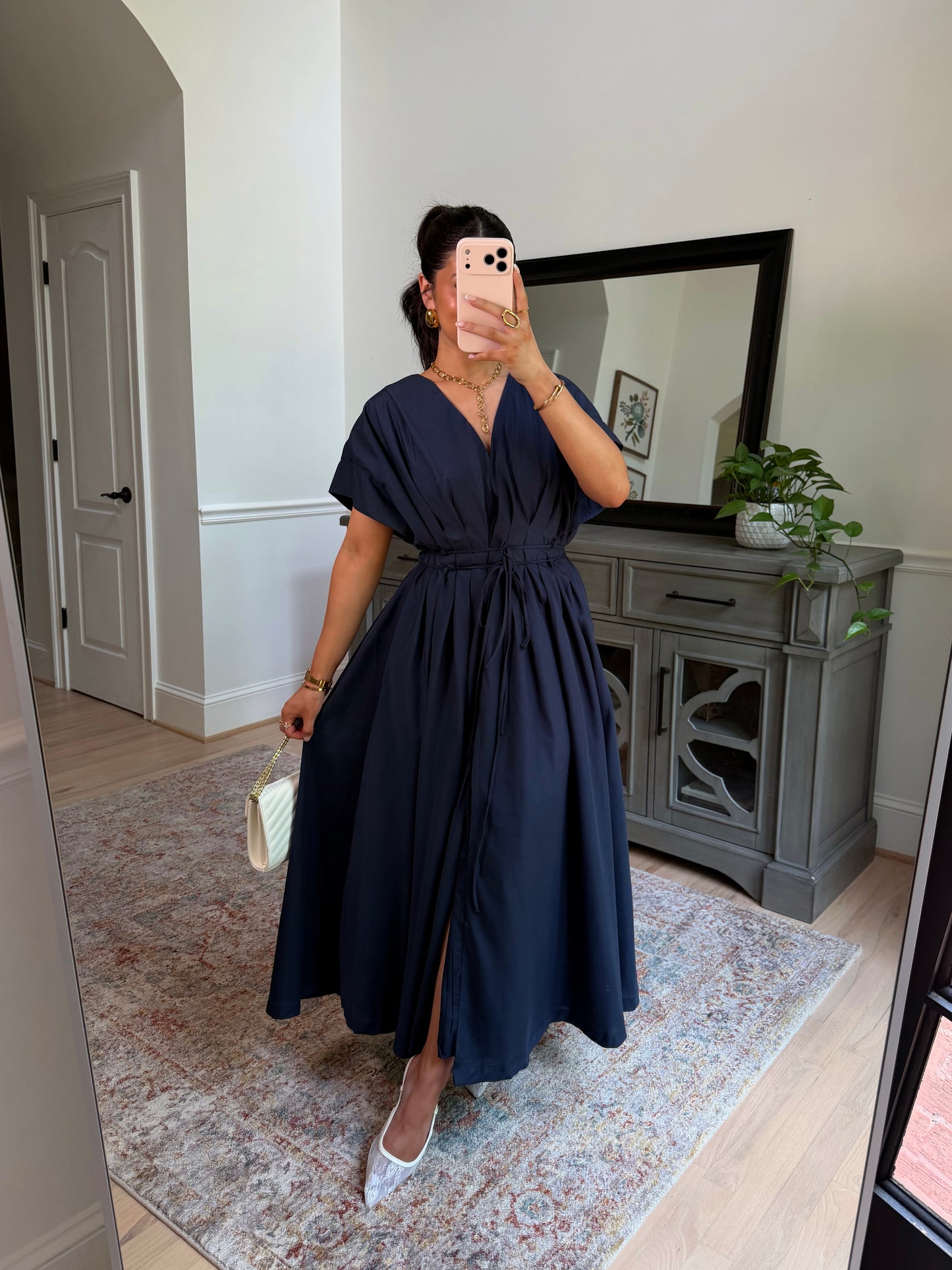 Darling Navy Pleated Midi Dress