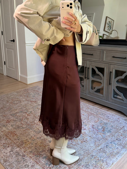 Brown Satin Lace Midi Skirt