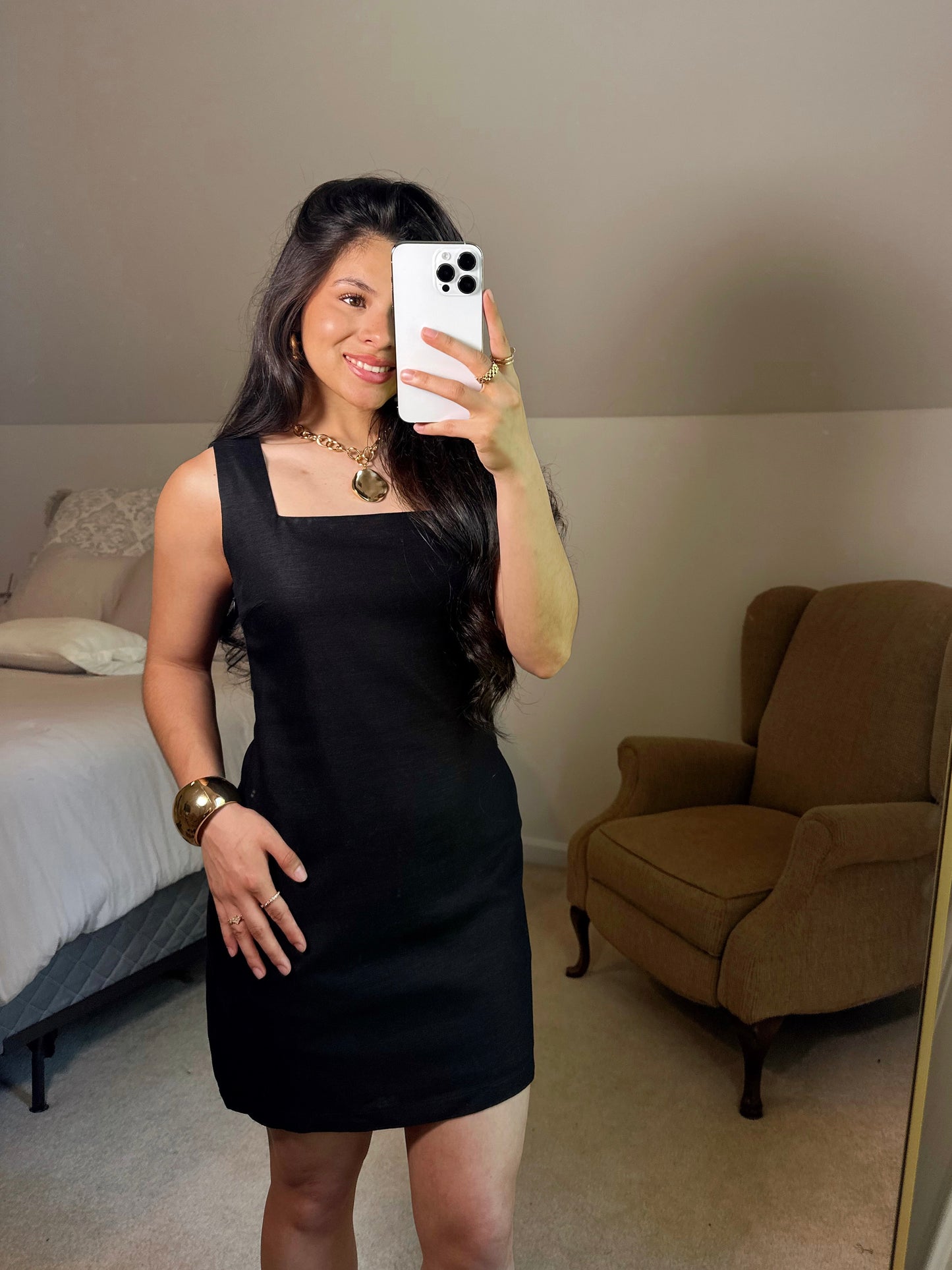 Black Linen Square Neck Dress