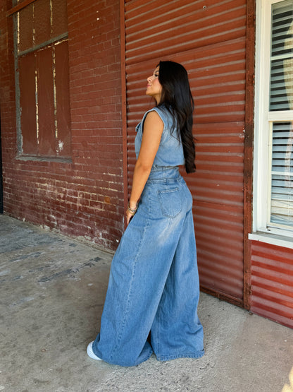 Denim Pleated Wide-Leg Jumpsuit