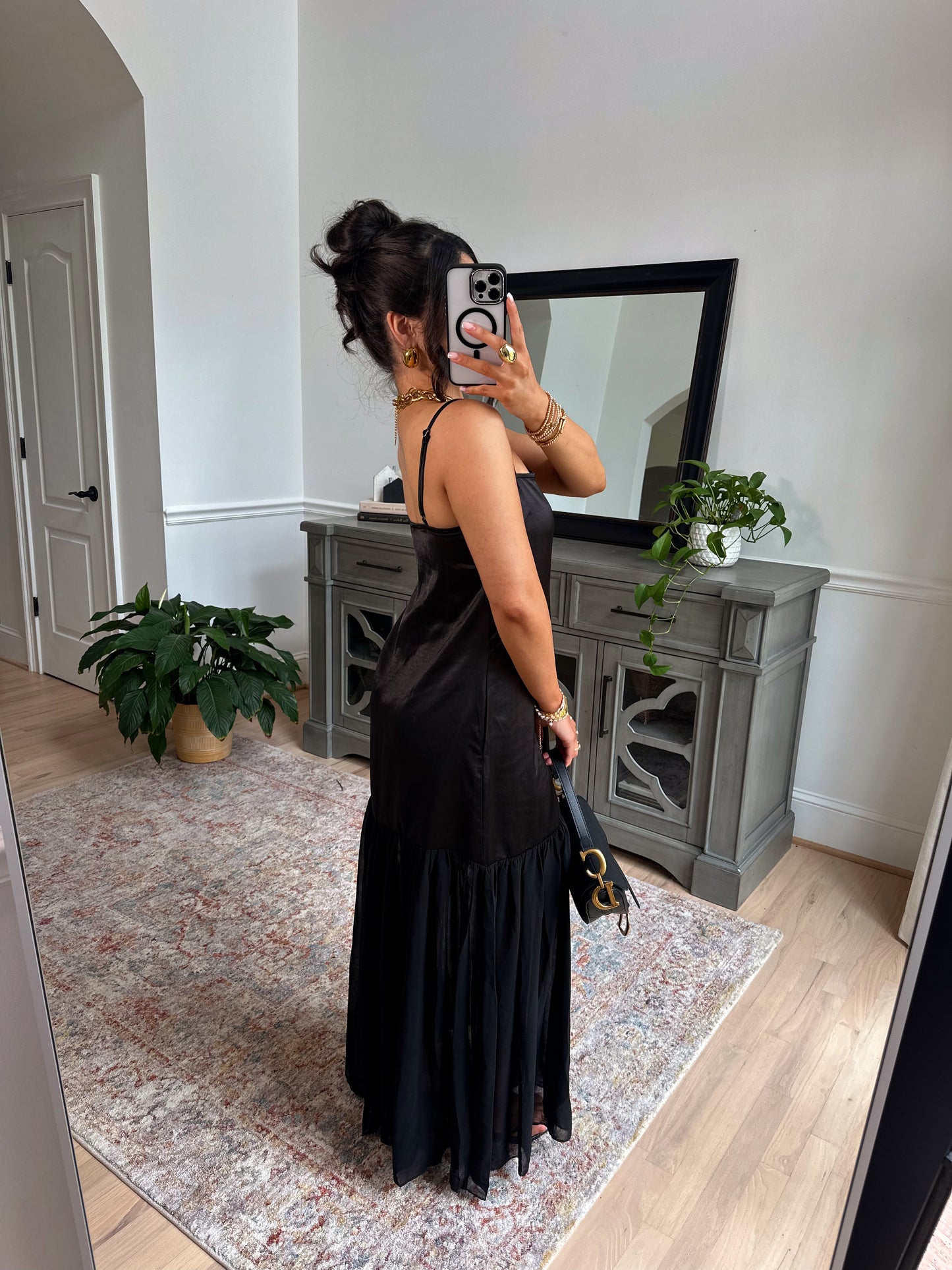 Statement Satin Chiffon Maxi Dress (Black)