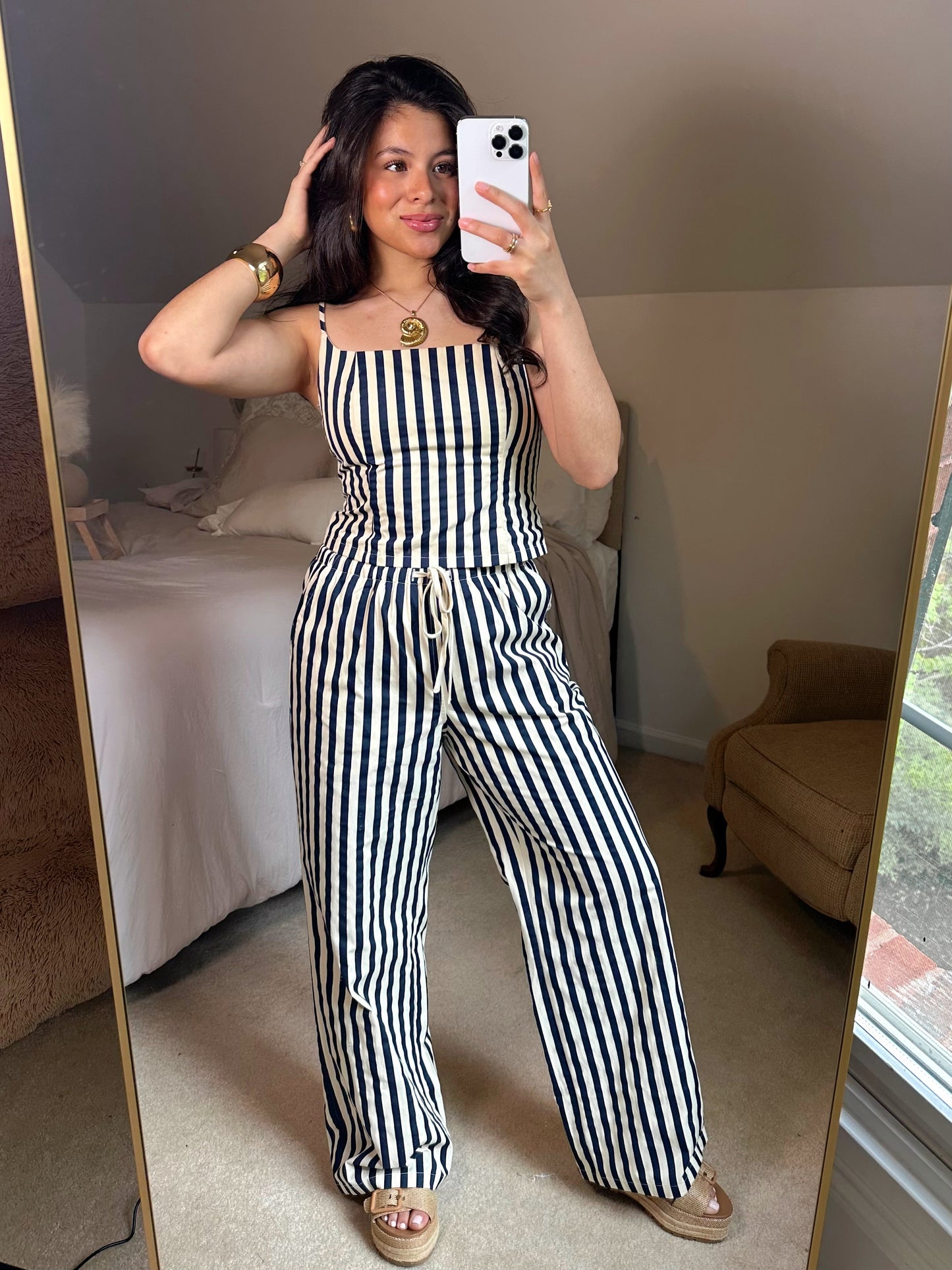Navy & Ivory Striped Top & Pants Set