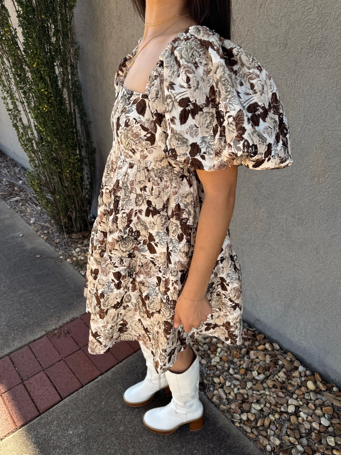 Brown Floral Jacquard Dress