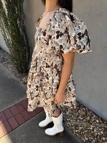 Brown Floral Jacquard Dress