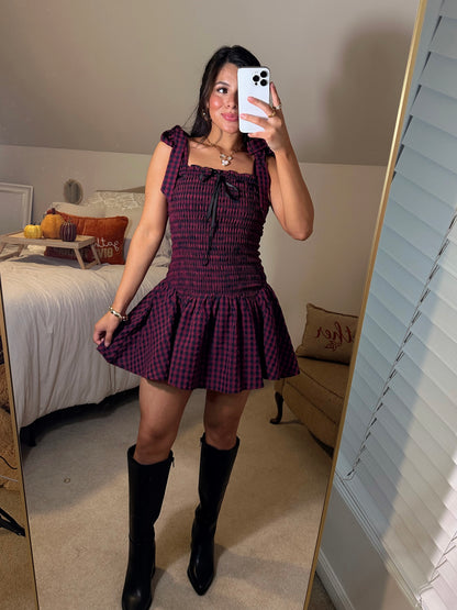 Burgundy & Black Gingham Mini Dress