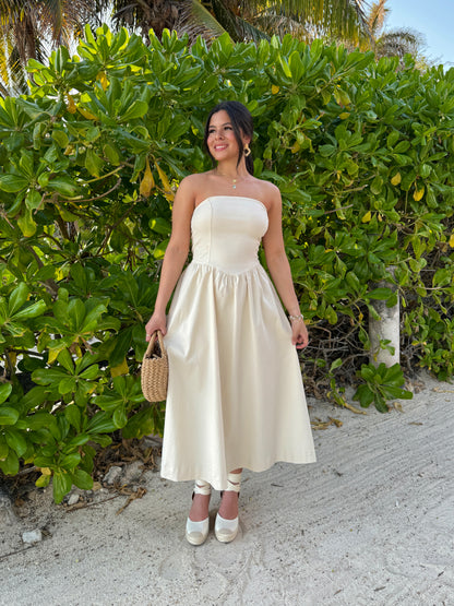 Beige Tube Denim Midi Dress