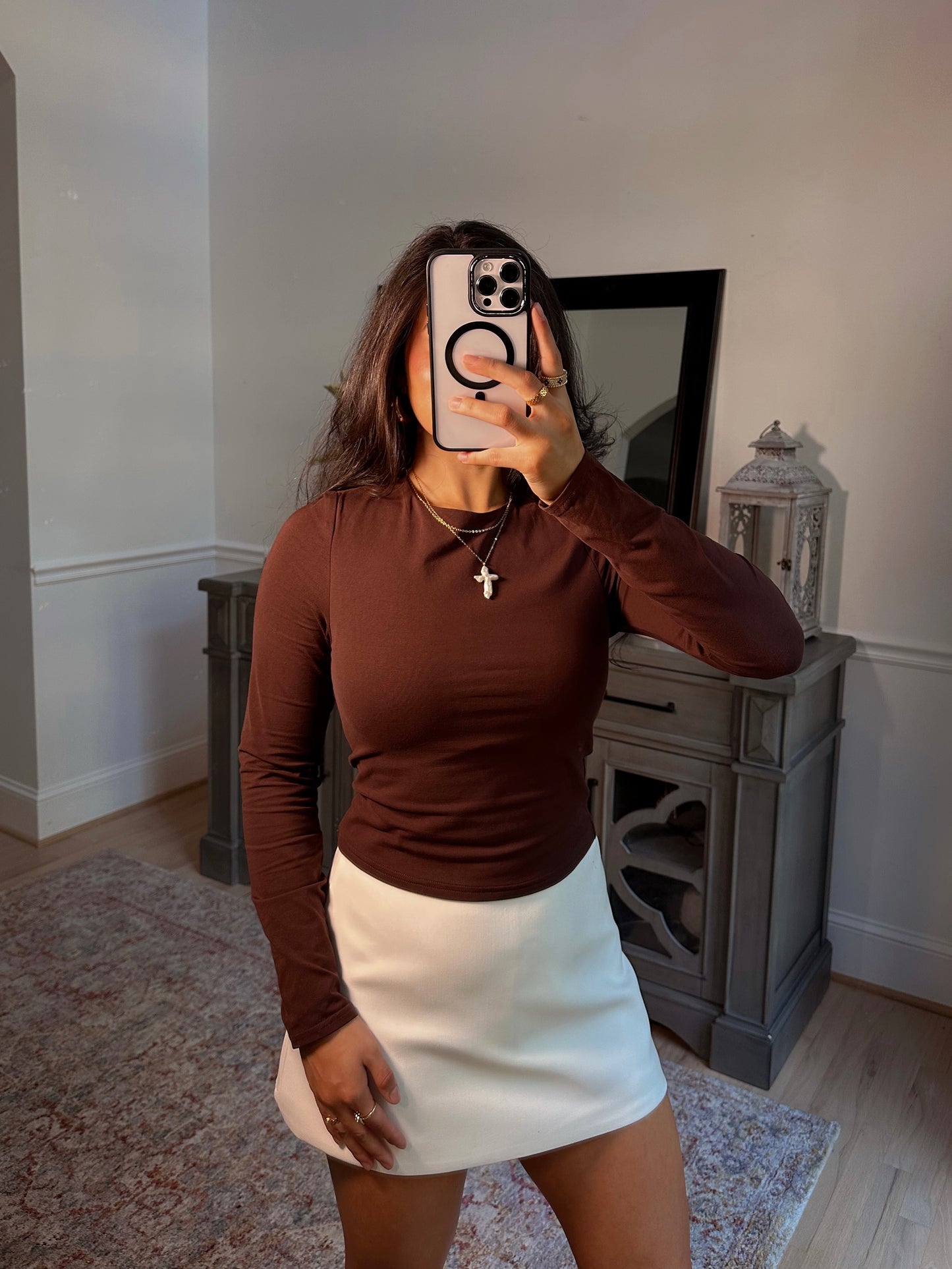 Brown Double Layered Long Sleeve Top