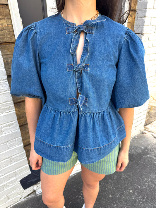 Denim Bow Babydoll Top