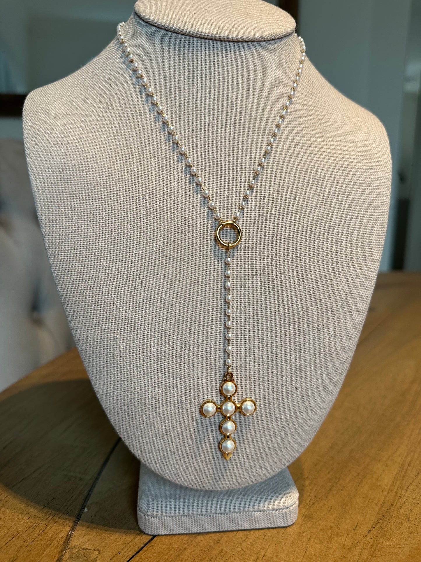 Cross Pearl Drop Necklace (Water Resistant)