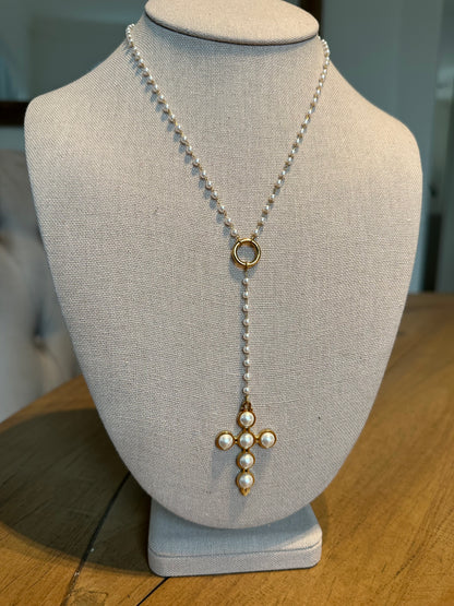Cross Pearl Drop Necklace (Water Resistant)