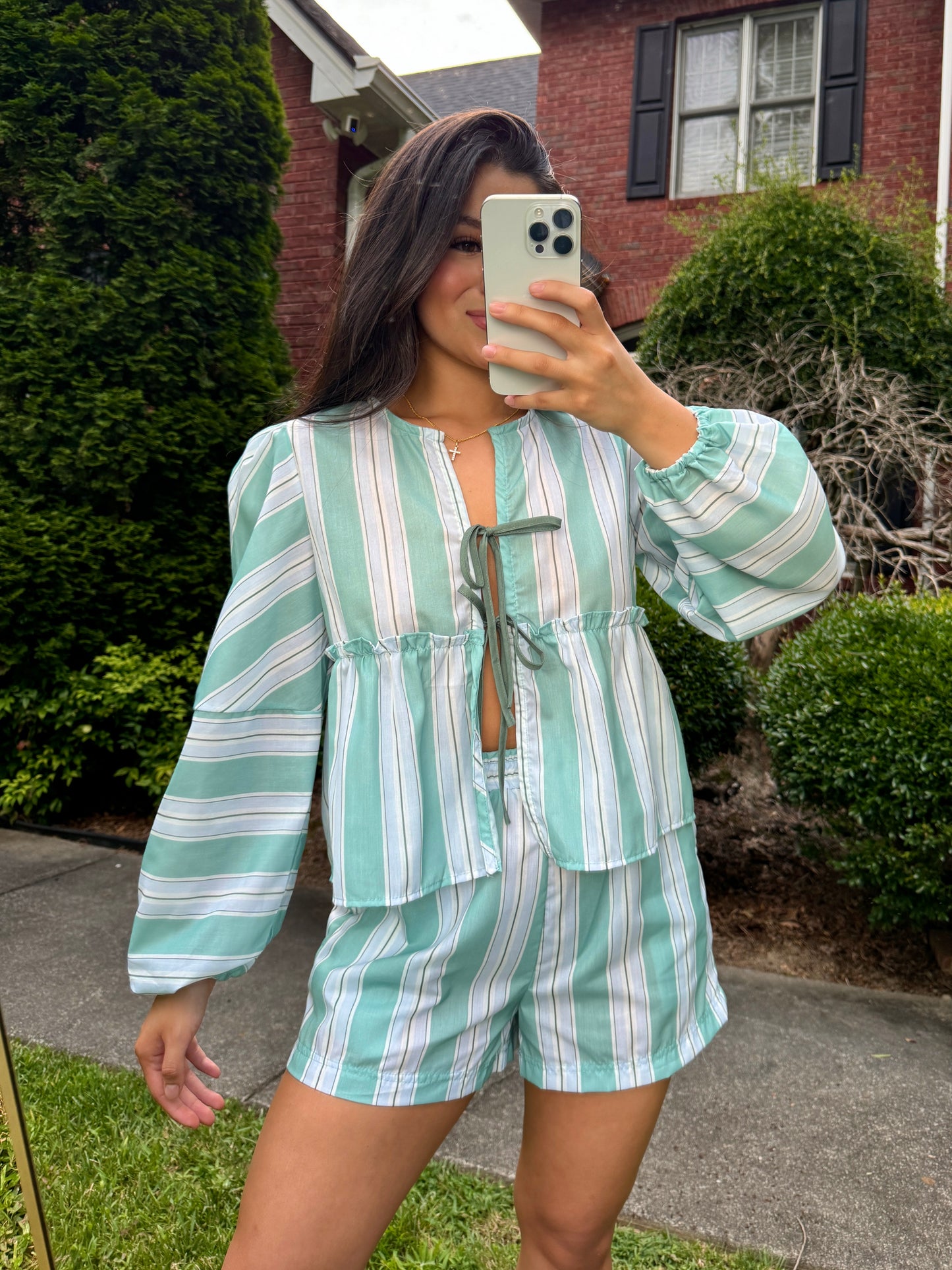 Sage Green Striped Open Front Top & Shorts Set