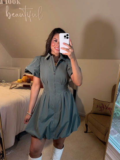 Olive Zip Up Bubble Dress