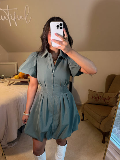Olive Zip Up Bubble Dress