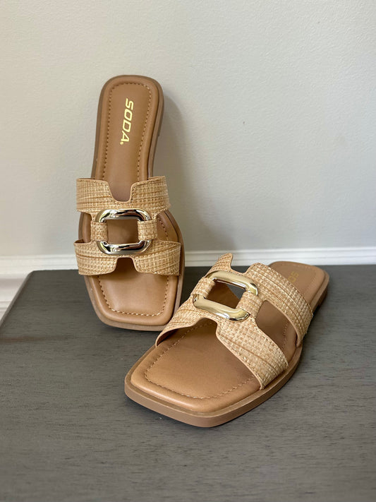 Natural Raffia Woven & Gold Sandal