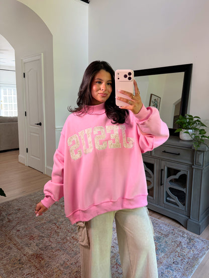 ‘JESUS’ Camo Embroidered Pink Mockneck