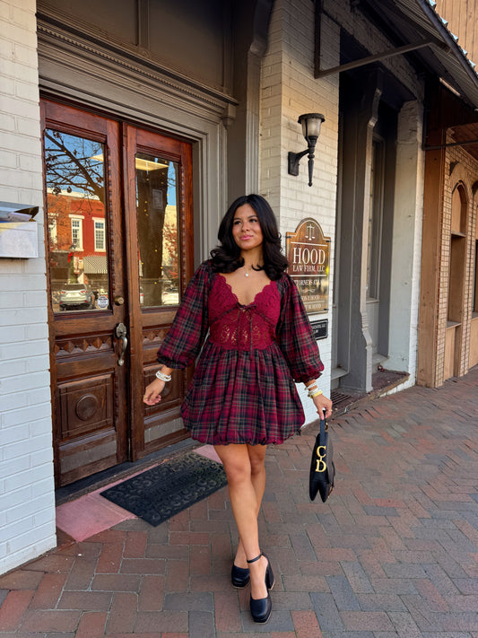 The Blackberry Lace Plaid Mini Dress