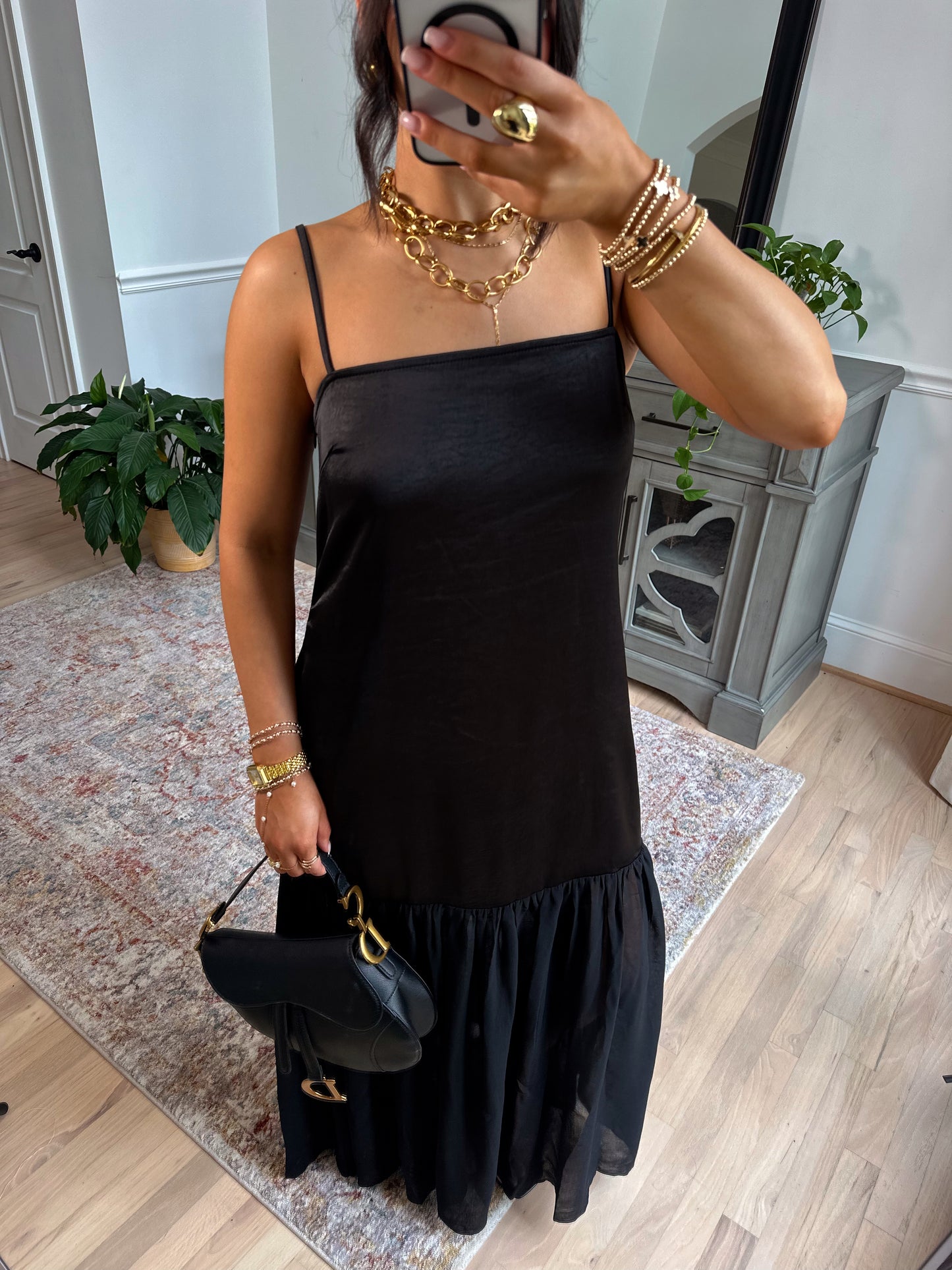 Statement Satin Chiffon Maxi Dress (Black)