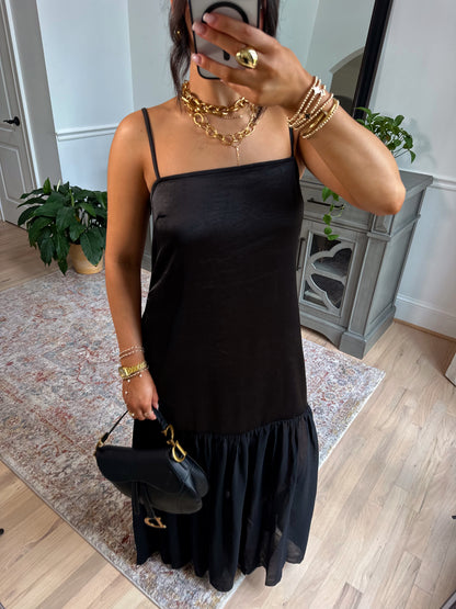 Statement Satin Chiffon Maxi Dress (Black)