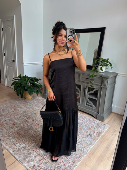 Statement Satin Chiffon Maxi Dress (Black)