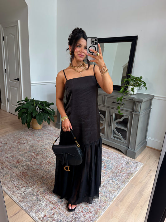 Statement Satin Chiffon Maxi Dress (Black)