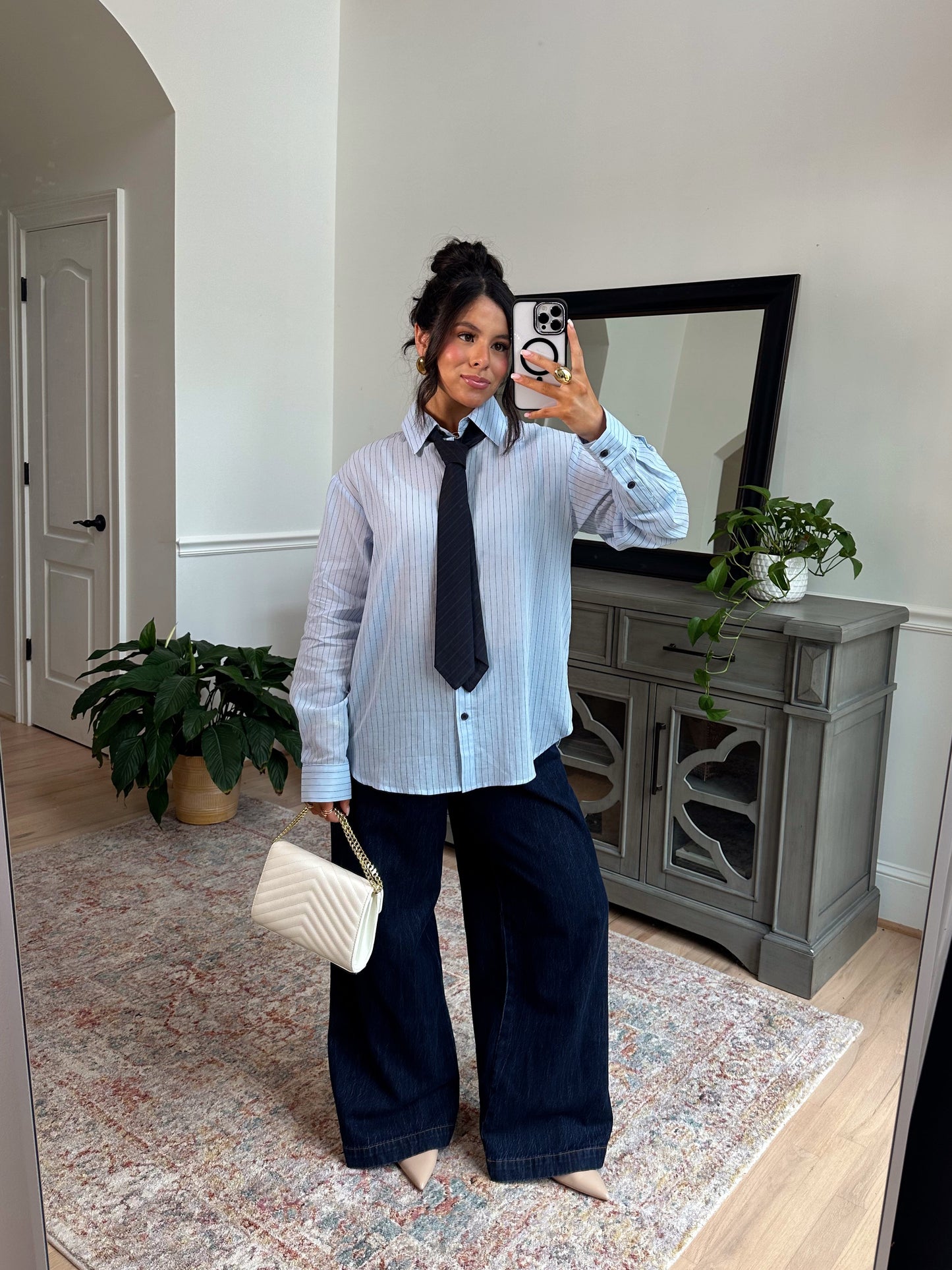 Power & Poise Pinstripe Blouse W/ Tie