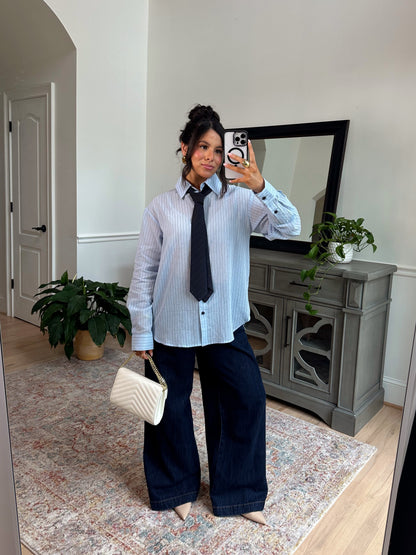 Power & Poise Pinstripe Blouse W/ Tie
