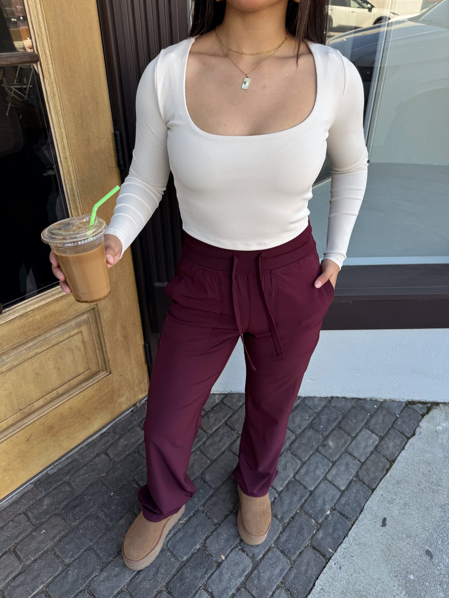 Beige Ribbed Long Sleeve Top