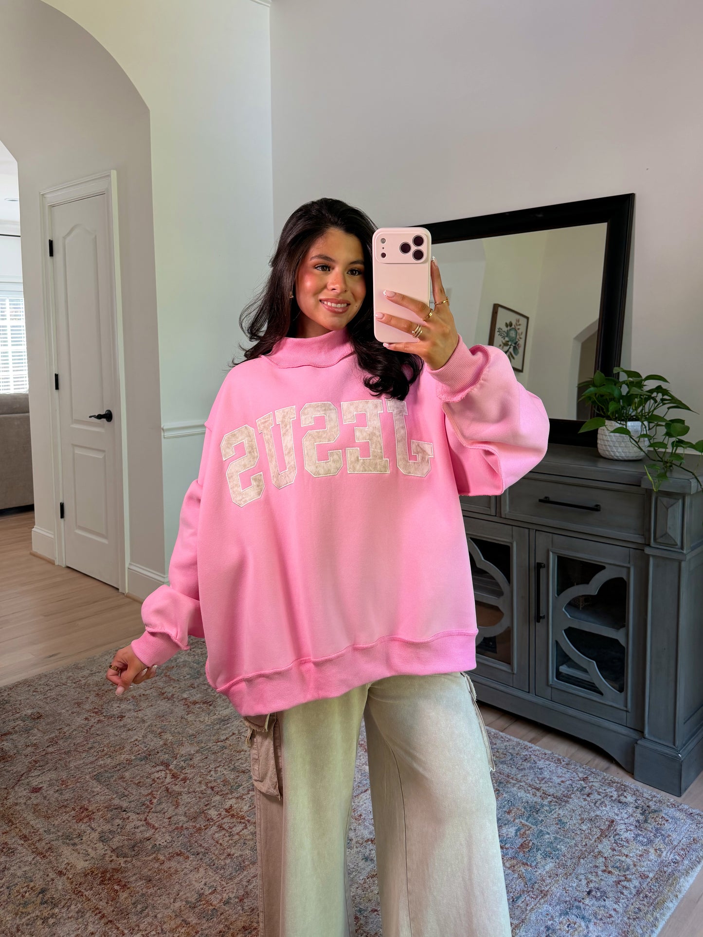 ‘JESUS’ Camo Embroidered Pink Mockneck