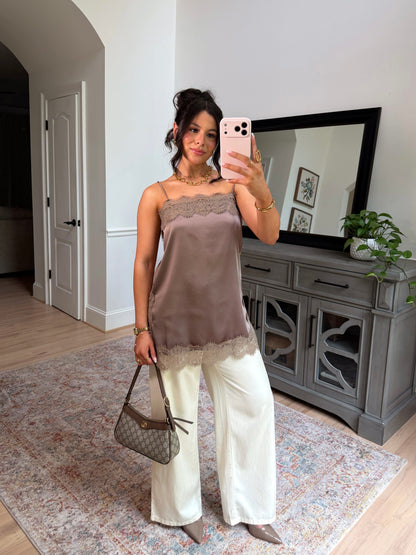 Olive Mocha Lace Satin Top