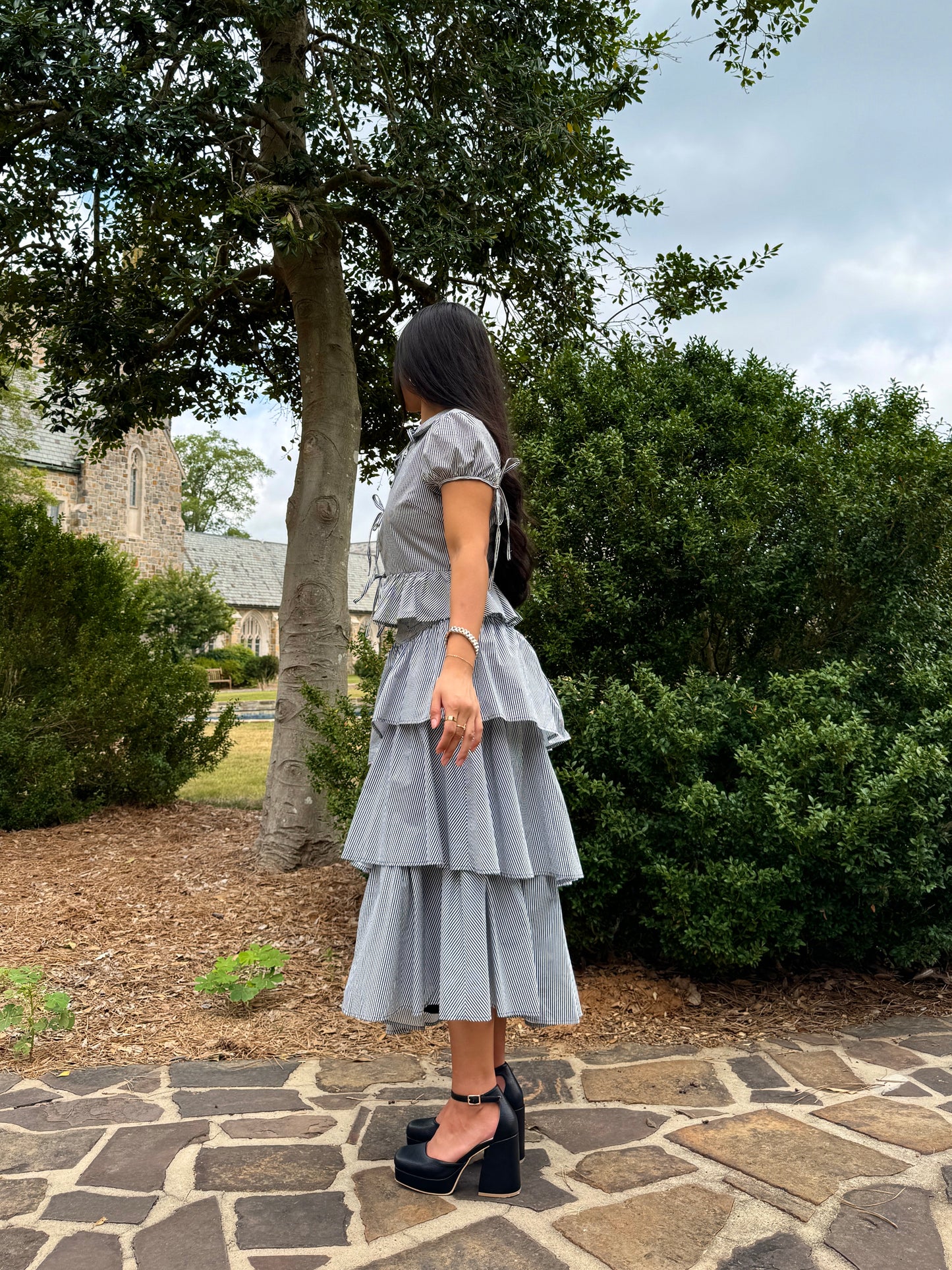 Black & White Striped Ruched-Waist Tiered Skirt