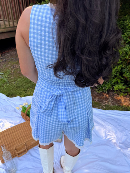 Baby Blue Gingham Lace Trim Romper