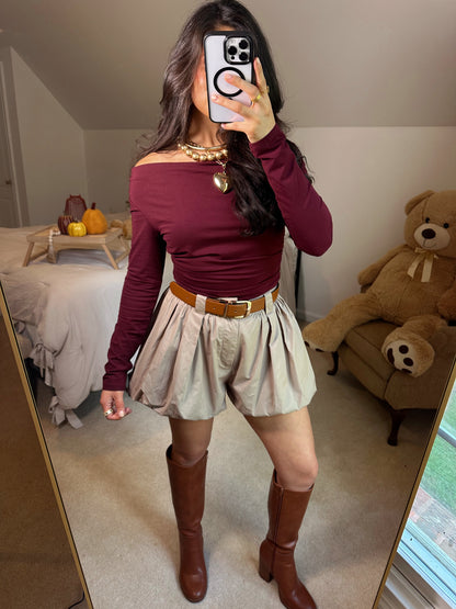 Burgundy Off-Shoulder Ruched Top