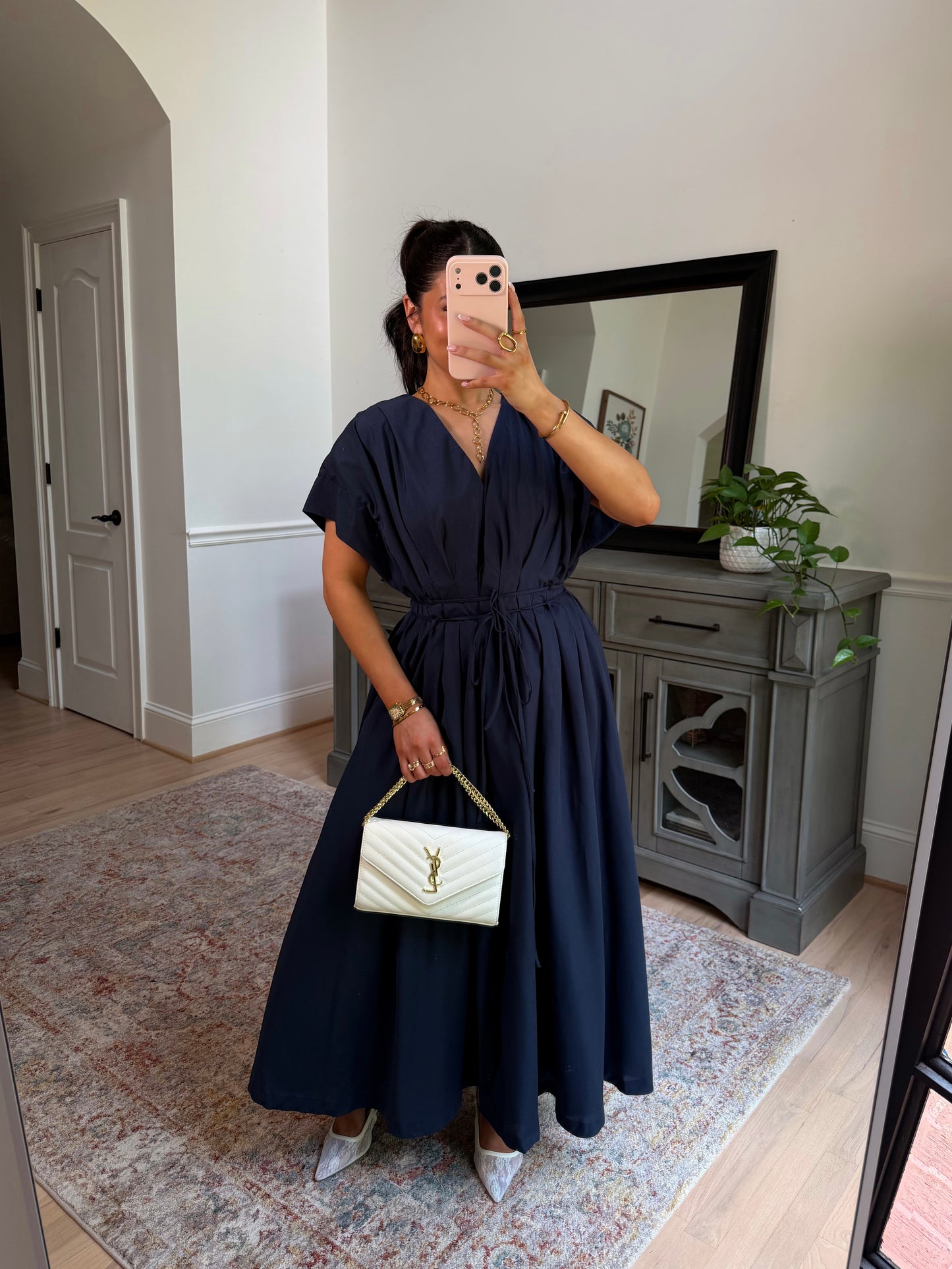 Darling Navy Pleated Midi Dress