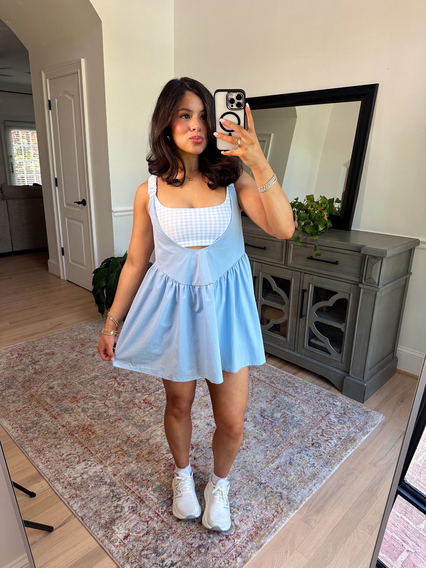 Sky Blue Gingham Active Romper Dress