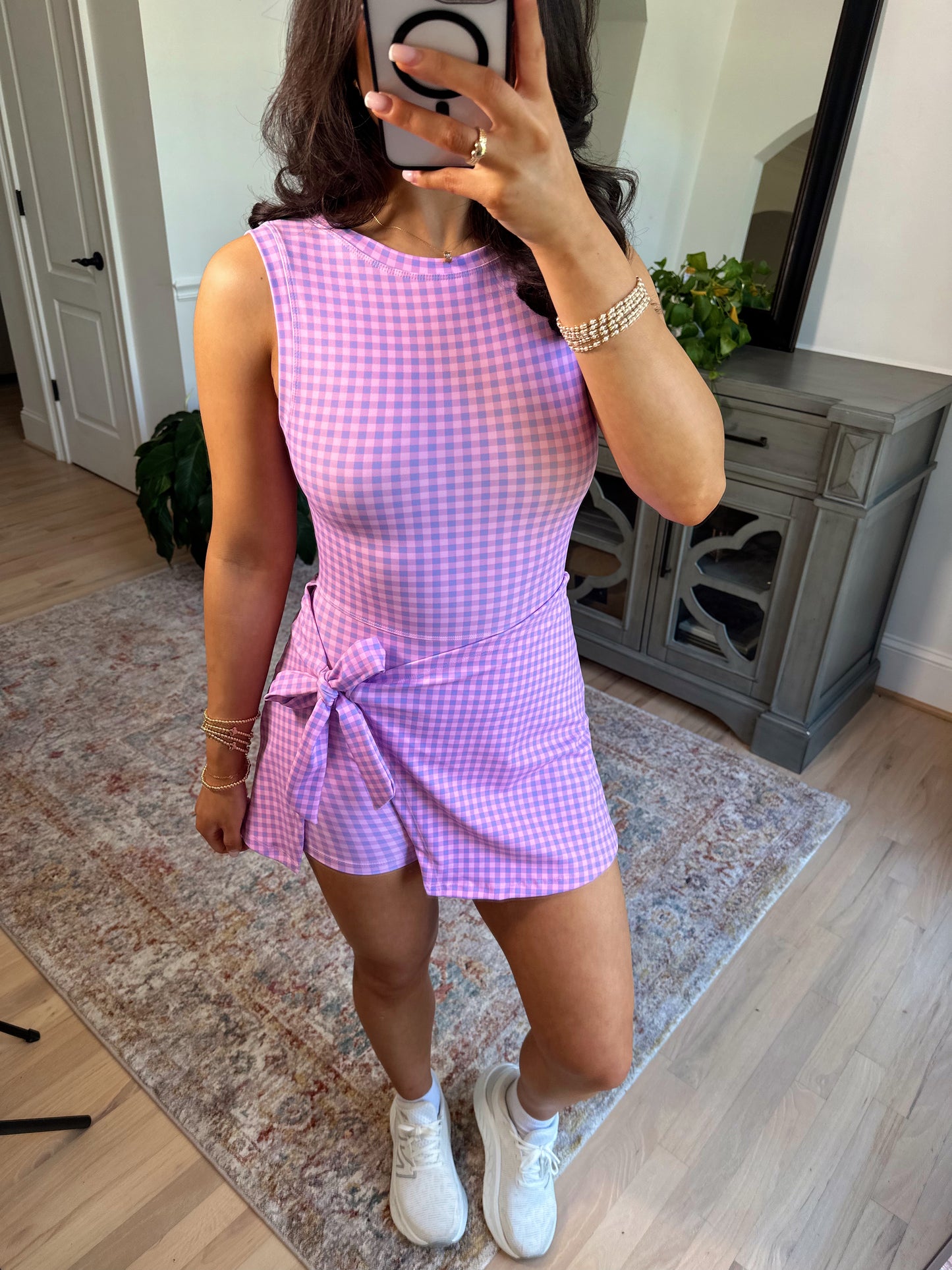 Purple Gingham Wrap Active Romper Dress