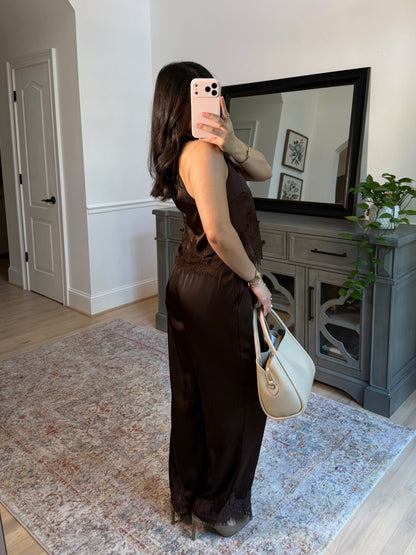 Espresso Brown Satin Top & Pants Set