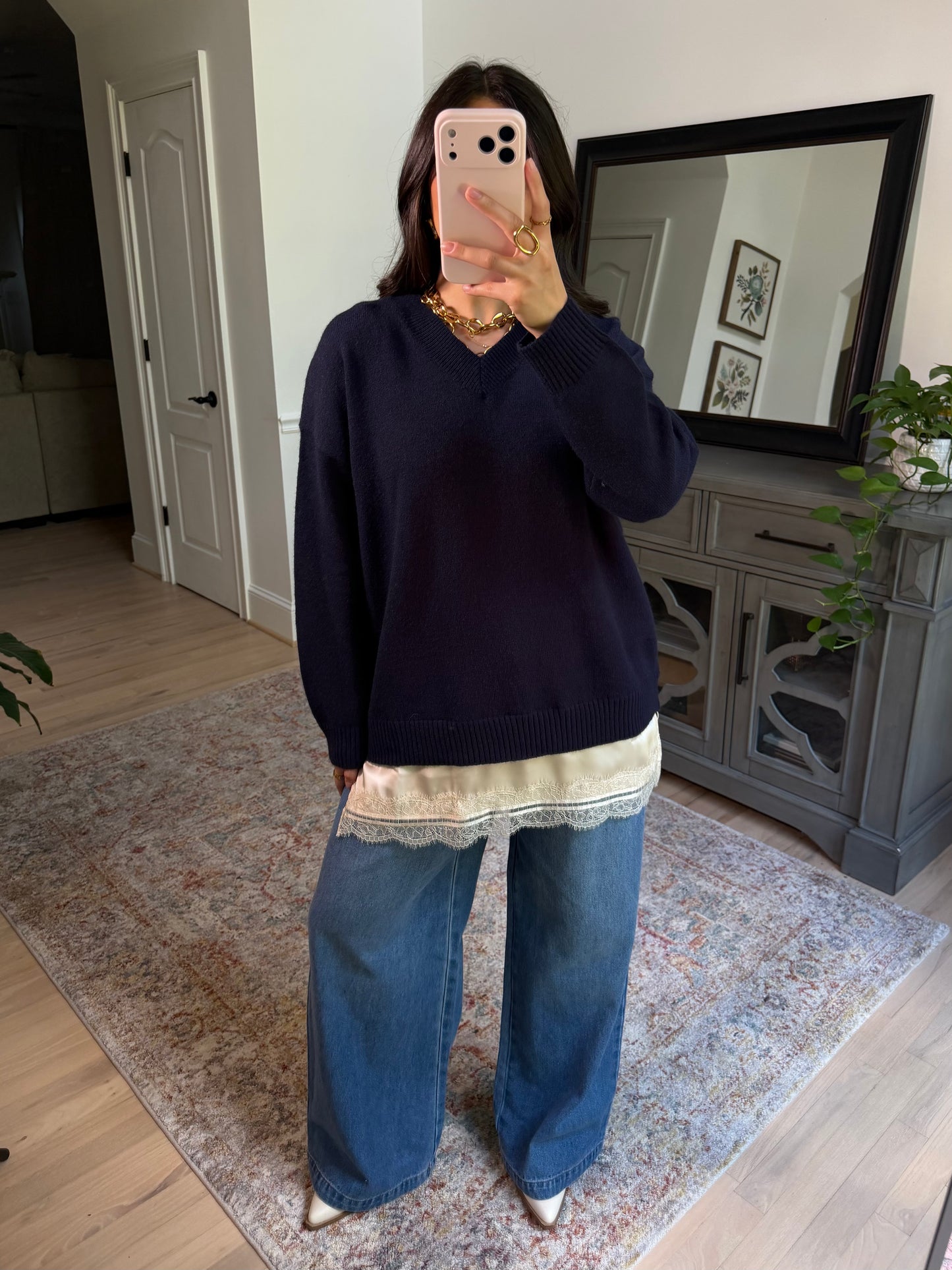 Navy Lace Trim Sweater