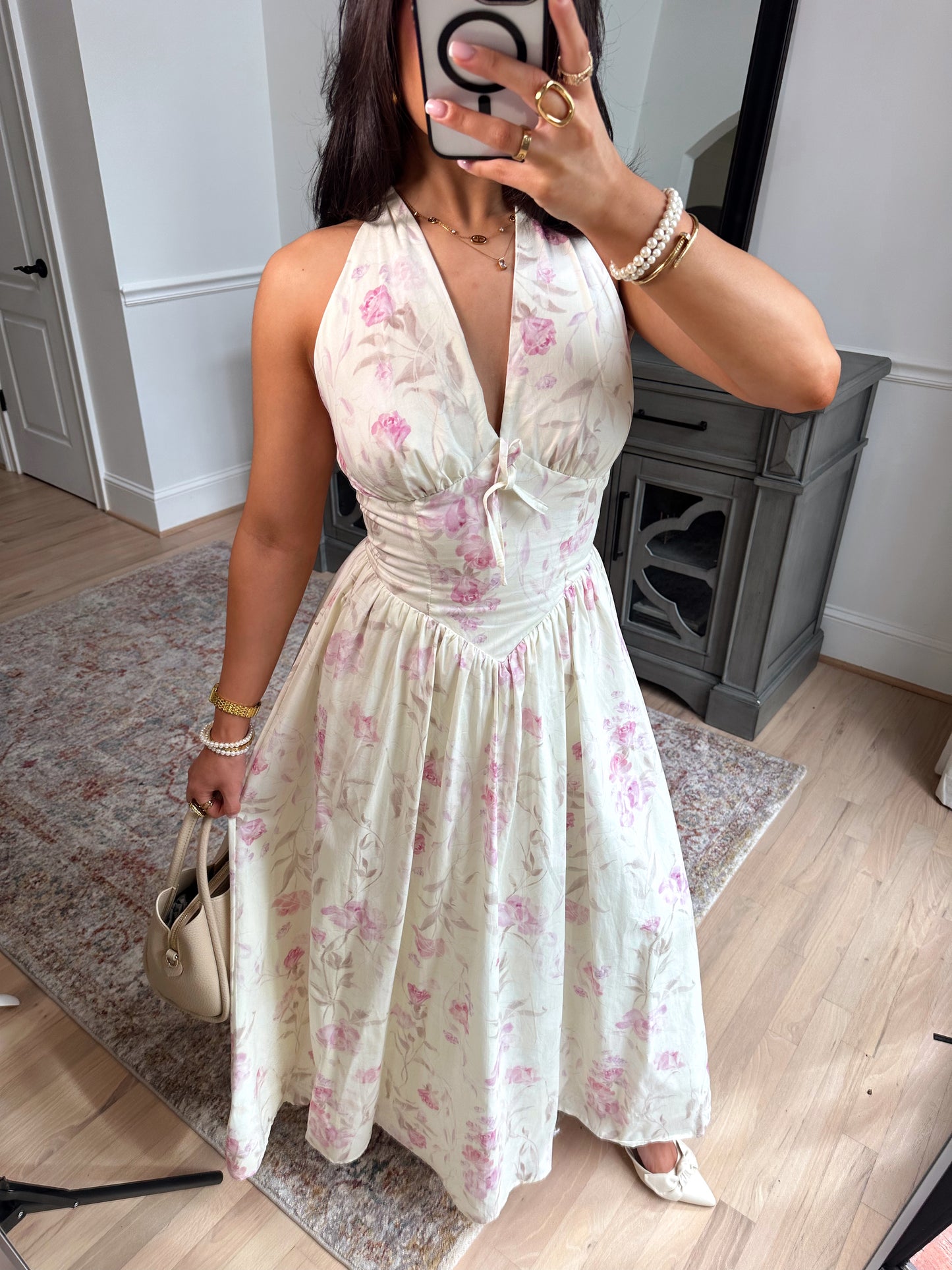 Pink Blooms Halter Midi Dress