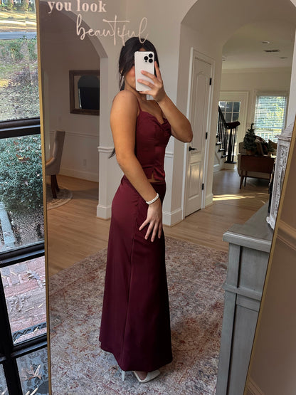 Burgundy Satin Top & Skirt Set