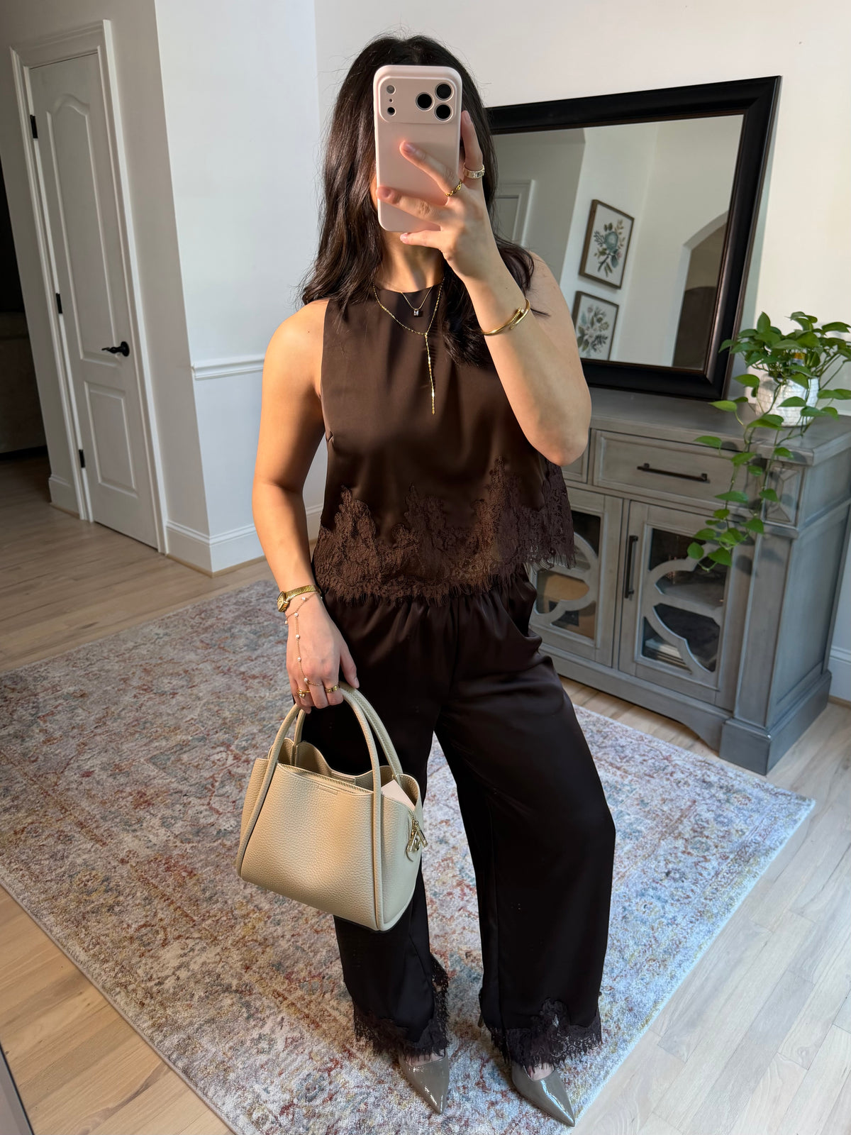 Espresso Brown Satin Top & Pants Set