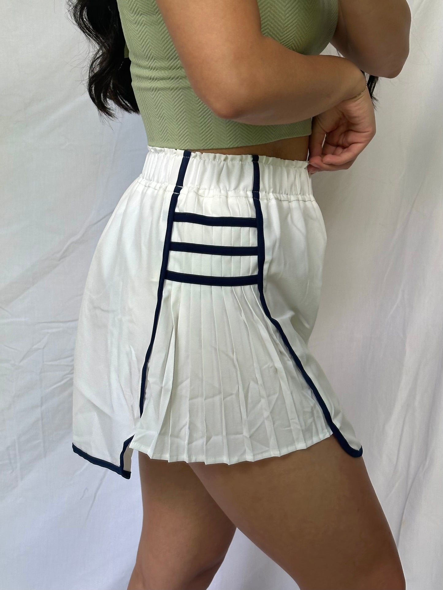 White & Navy Side Ruffle Shorts