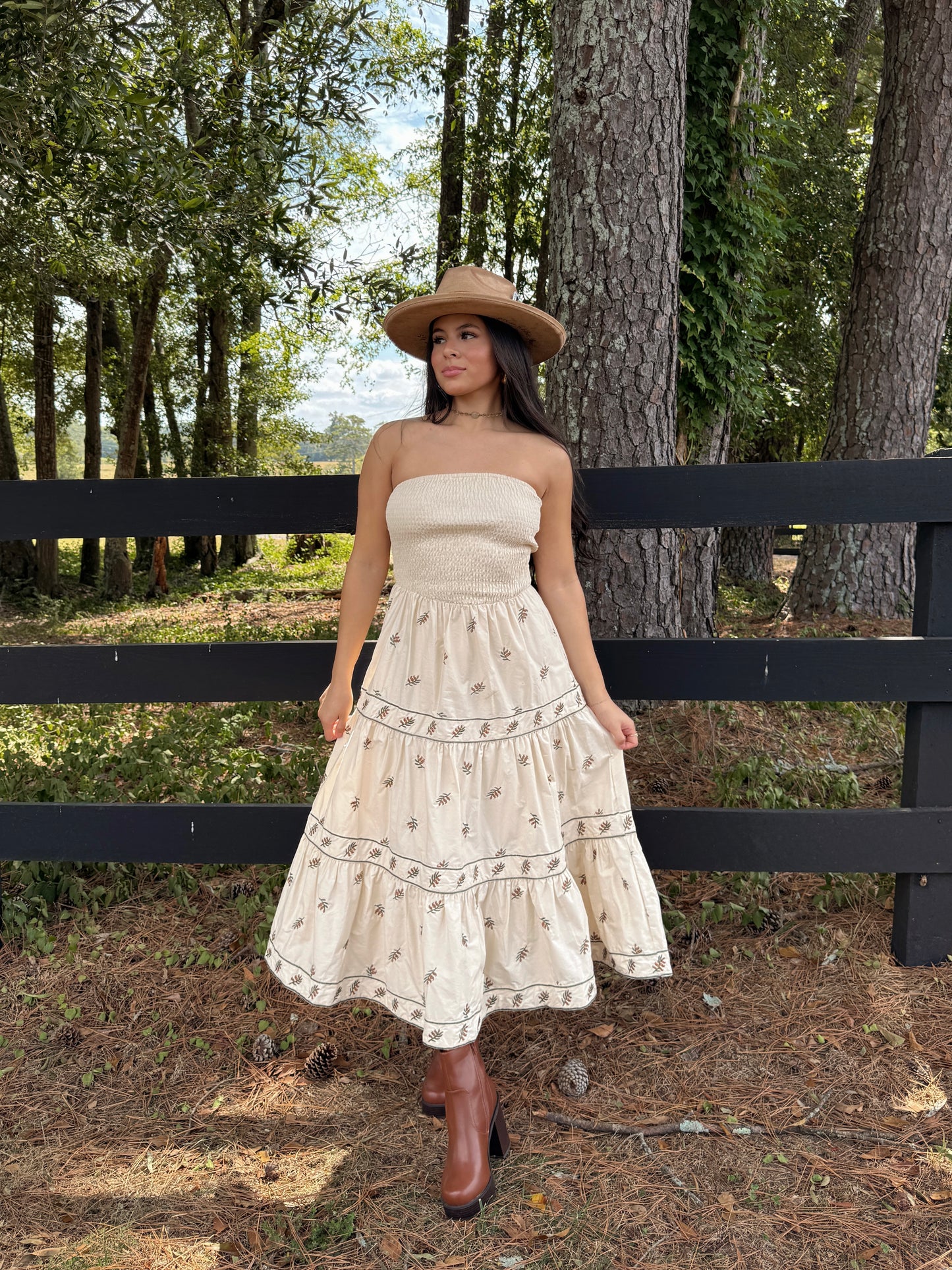 Beige Floral Embroidered Strapless Dress