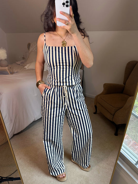 Navy & Ivory Striped Top & Pants Set