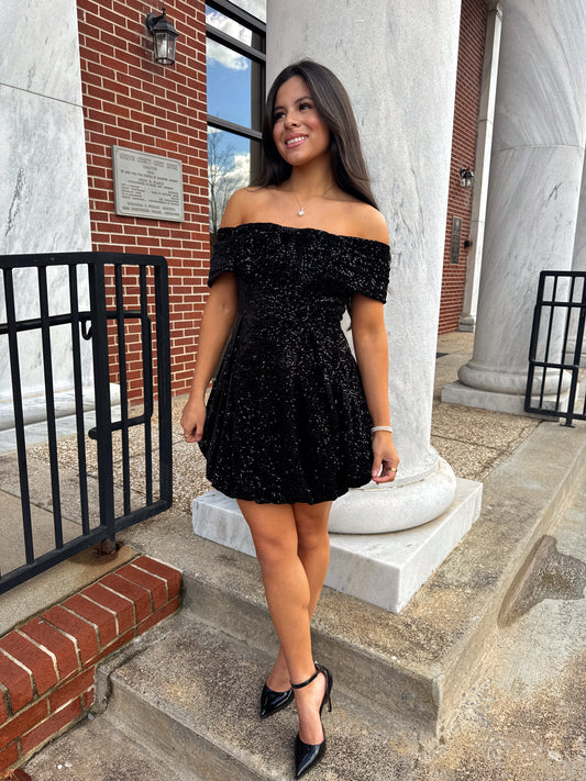 Black Velvet Sequin Bow Bubble Dress