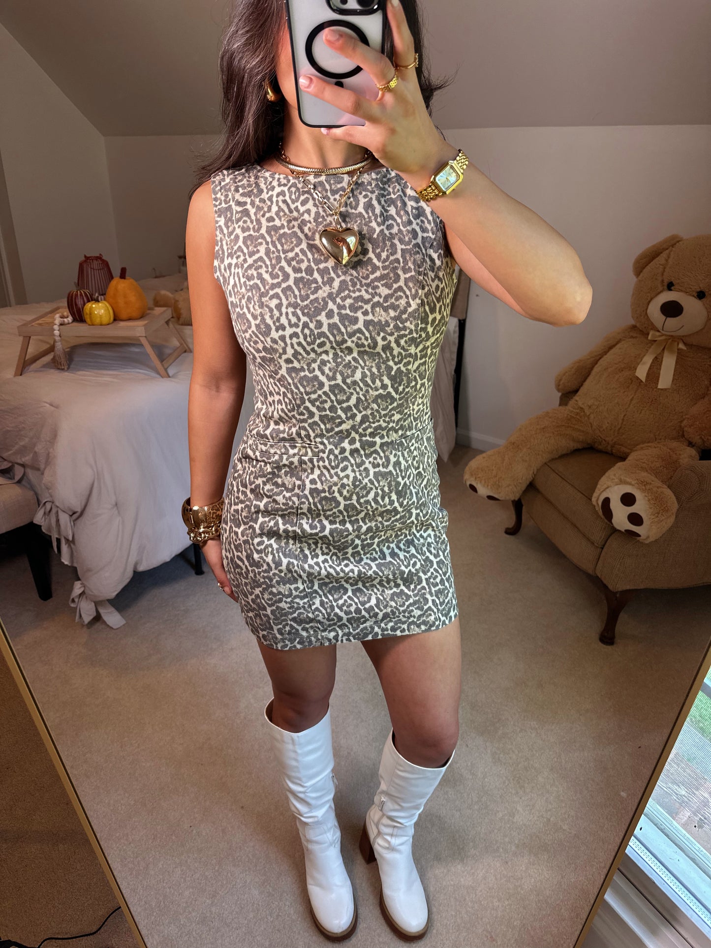 Leopard Denim Pocket Detail Dress
