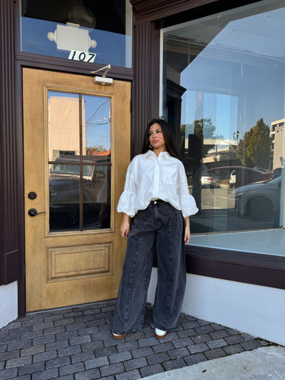 White Bubble Hem Button-Up Top