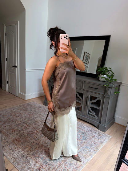 Olive Mocha Lace Satin Top