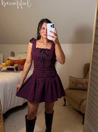 Burgundy & Black Gingham Mini Dress