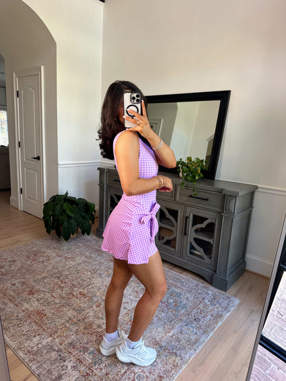 Purple Gingham Wrap Active Romper Dress