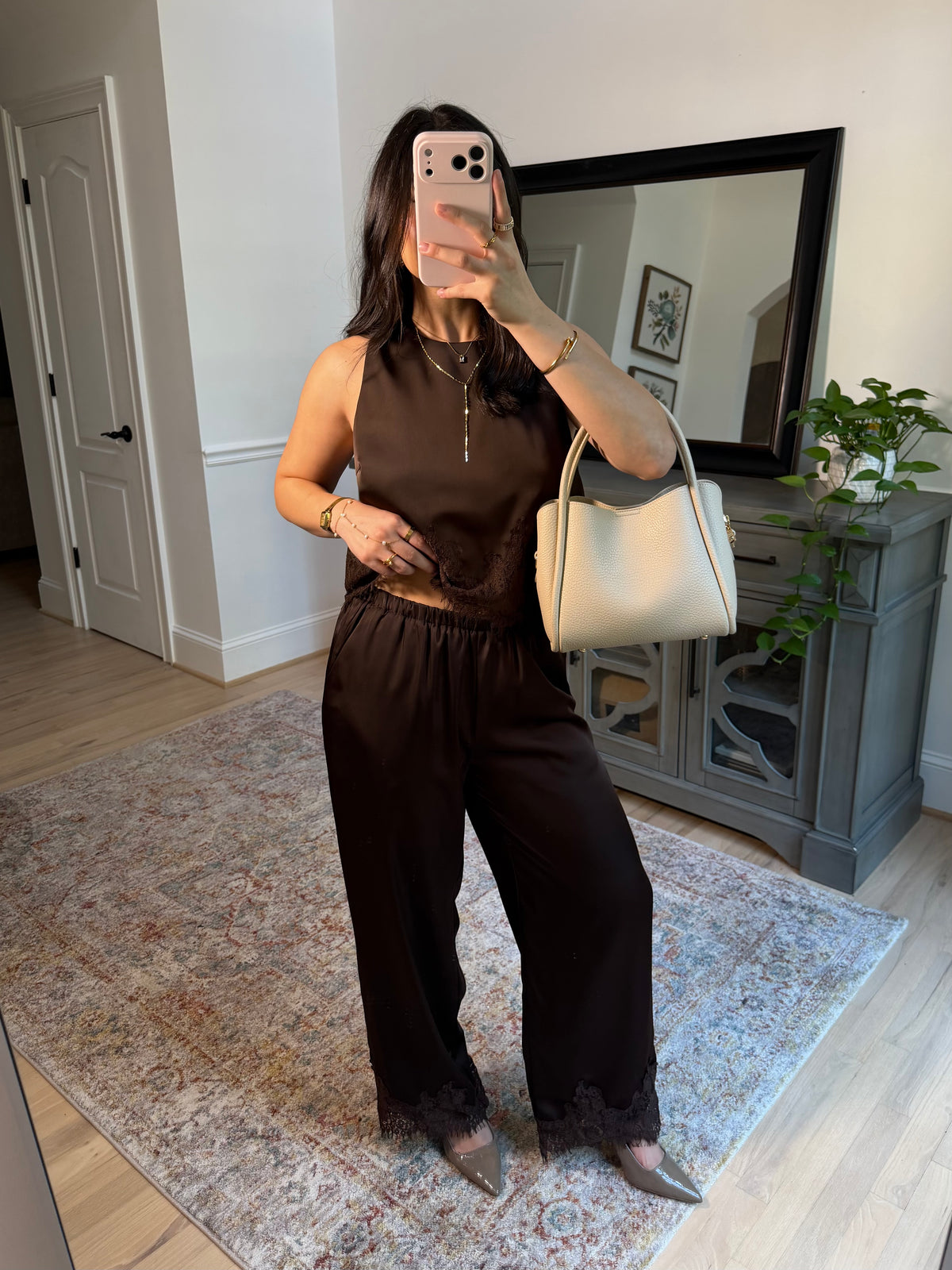 Espresso Brown Satin Top & Pants Set
